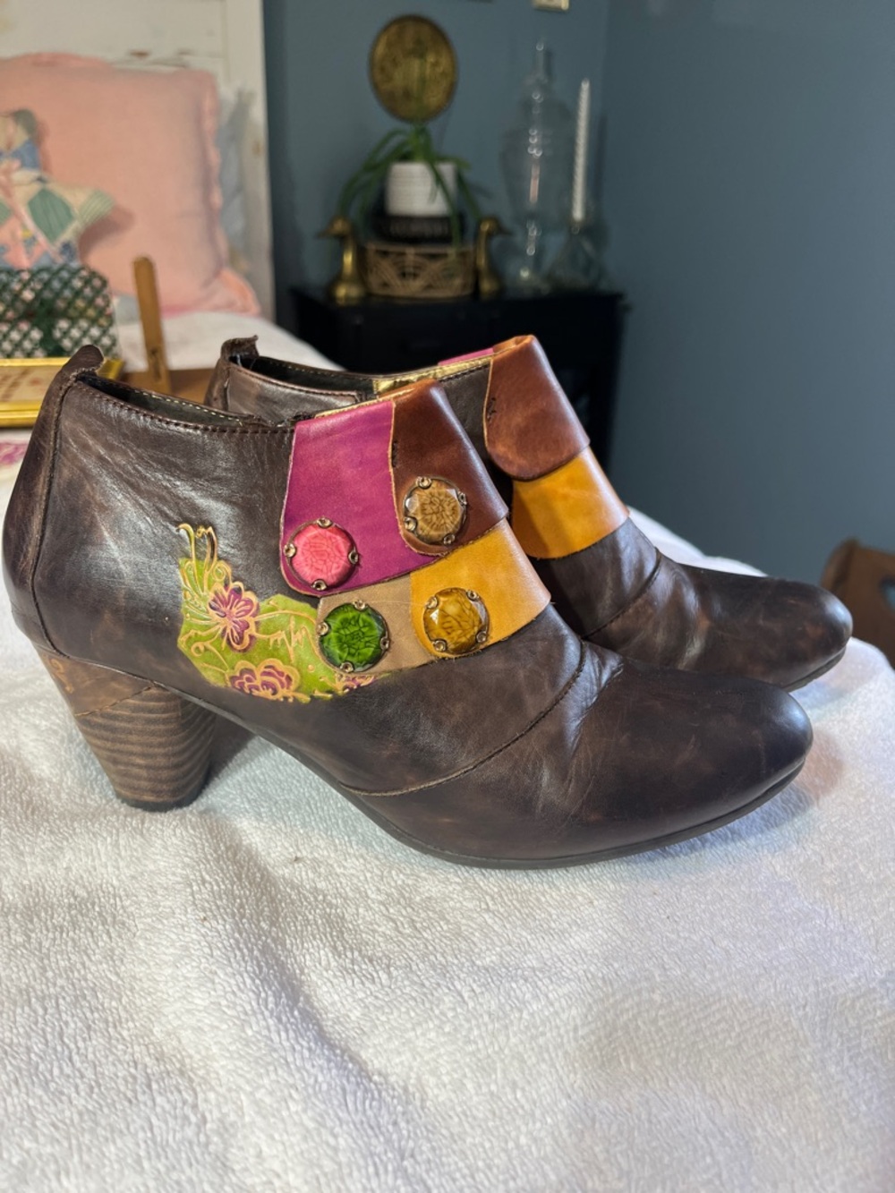 Brown Leather Ankle Booties with Colorful Accent Panels